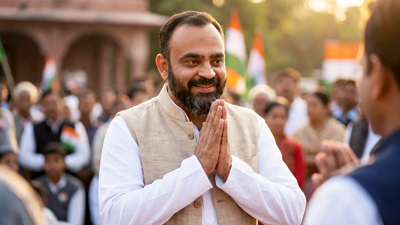 Agam Chaudhary greeting residents with folded hands at a gathering