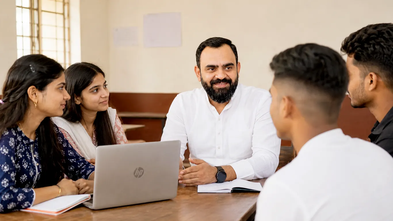 Agam Chaudhary seated with students around a table